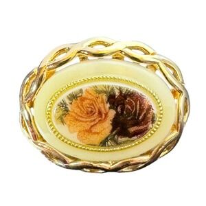 Vintage Napier Floral Cameo Brooch Gold‎ Tone Oval Mid Century Signed
